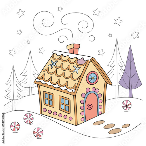 Cartoon gingerbread house with candy and stars fairy tale
