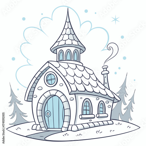 Cartoon ice house with snow and winter trees fantasy
