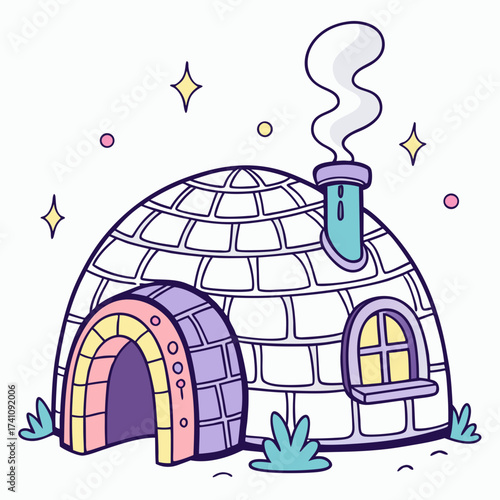 Cartoon igloo with rainbow entrance and smoking chimney