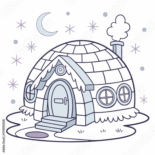 Cartoon igloo house with moon and snowflakes winter