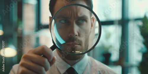 Businessman looking through a magnifying glass, searching, monitoring the situation, Generative AI.