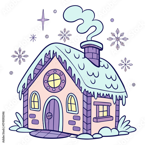 Cartoon magical ice house with snowflakes and smoke