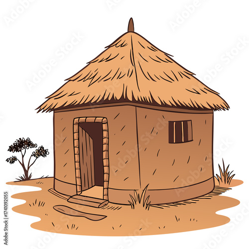 Cartoon mud hut with thatched roof and small tree straw roof