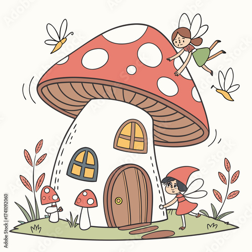 Cartoon mushroom house with fairies and flying insects