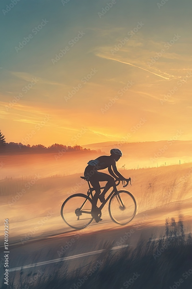 Fototapeta premium A cyclist in a jacket riding on a misty road at sunrise with a colorful sky