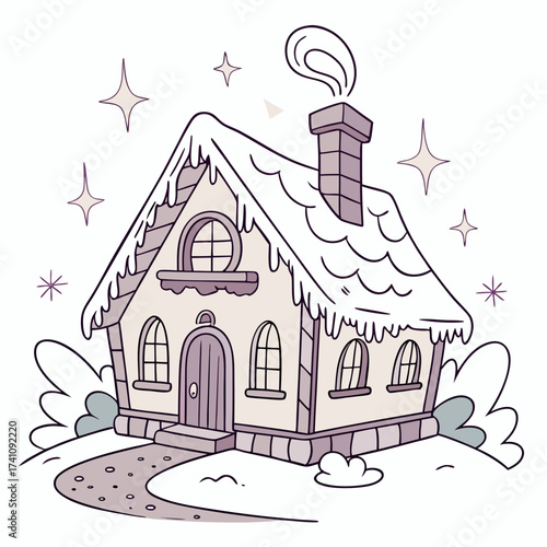 Cartoon snow covered house with chimney and stars winter