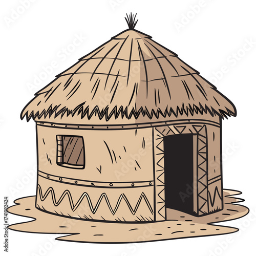 Cartoon thatched mud hut with straw roof and open doorway