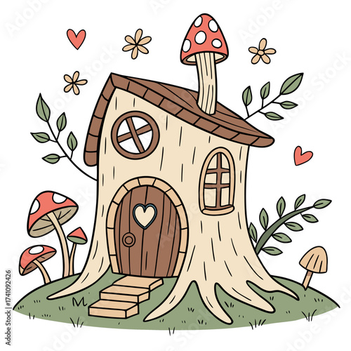 Cartoon tree stump house with mushrooms and hearts