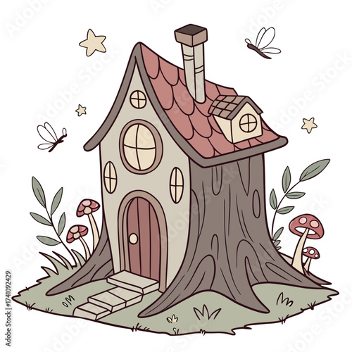 Cartoon tree stump house with mushrooms and dragonflies