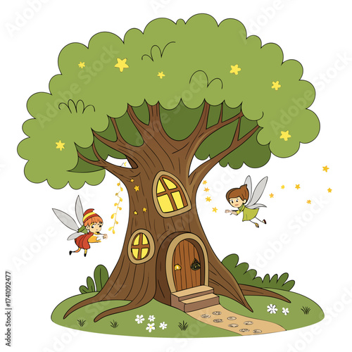 Cartoon treehouse with fairies and stars on white background