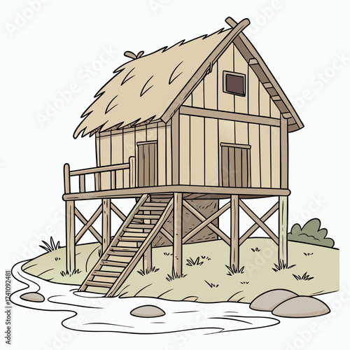 Cartoon wooden stilt house on river bank vector illustration