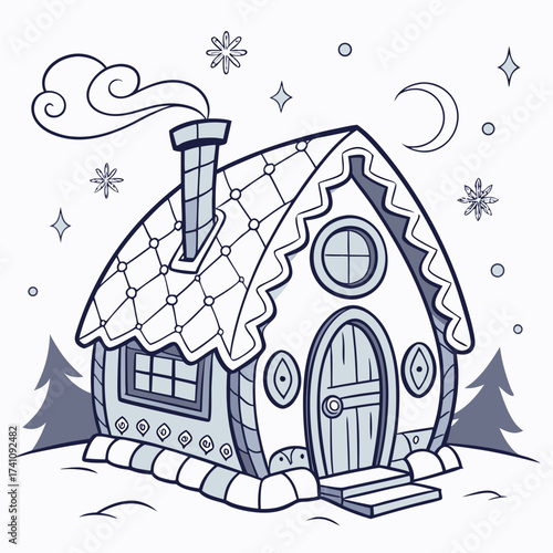 Cartoon whimsical ice house with moon and stars fantasy
