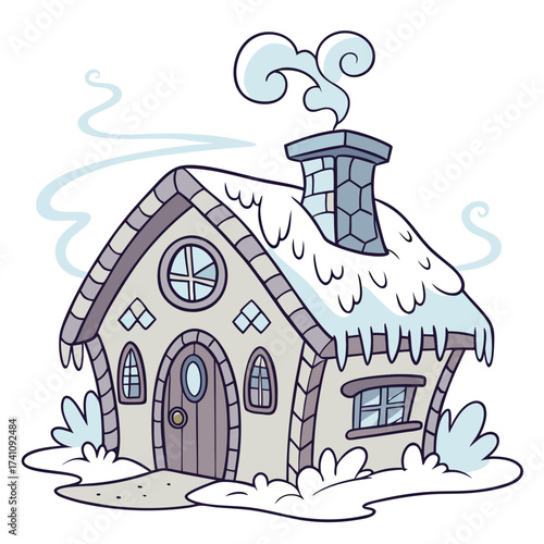Cartoon winter ice house with snow and smoke chimney