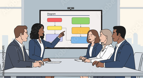 Business Team Meeting in Boardroom Presenting Project Development Flowchart on Screen