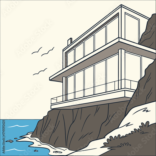 Cliffside villa with glass panels and ocean view modern house