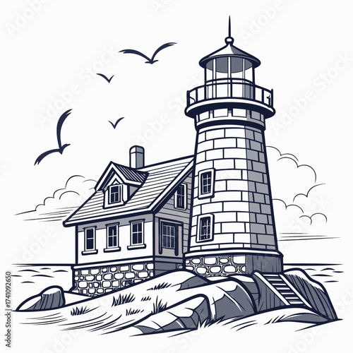 Coastal lighthouse and house with flying birds ocean