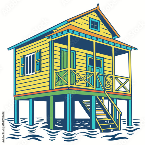 Colorful Caribbean stilt house on blue water tropical