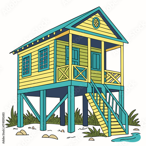 Colorful Caribbean stilt house on white background