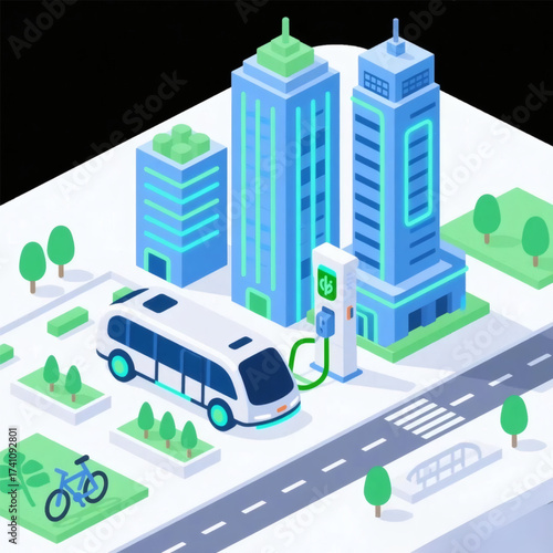 Isometric Vector Smart City with Autonomous and Bus Electric Transport
