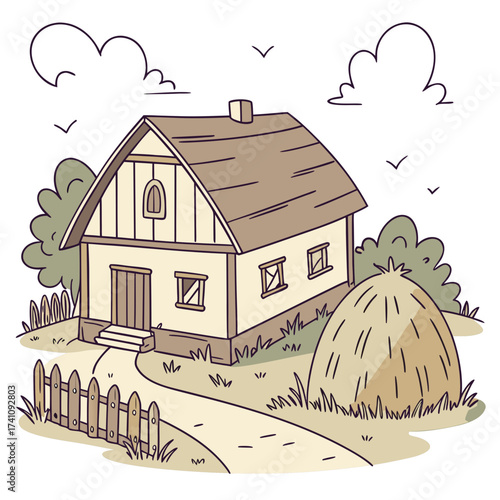 Countryside farmhouse with haystack and fence rural