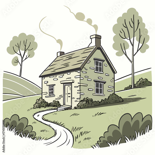 Countryside stone cottage with smoking chimney and trees