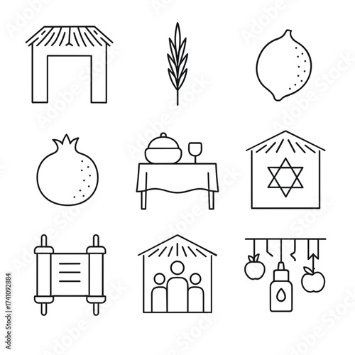 Sukkot symbols including huts, fruits, and Jewish traditions icons  