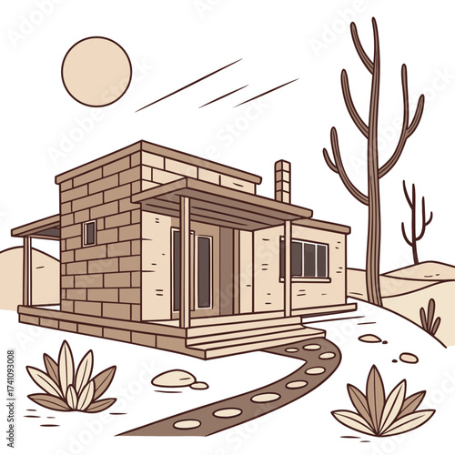 Desert villa with stone walls and arid landscape house