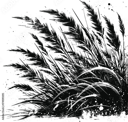  Bold black-and-white illustration of tall grasses bending in the wind, creating a dynamic, textured composition. Ideal for nature, movement, and abstract design themes