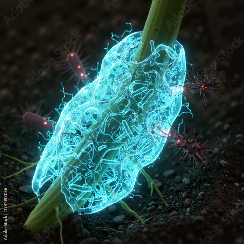 plant stem being protected by a glowing bubble of beneficial bacteria/microbiome from attacking red pathogens/viruses near the soil surface