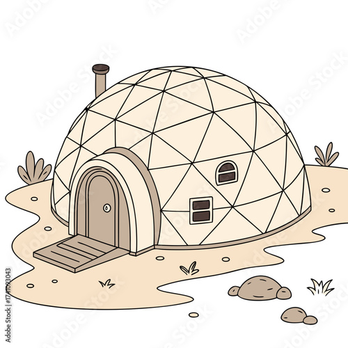 Dome shaped clay house with arched doorway and windows