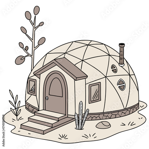 Dome shaped clay house with desert plants vector dome house