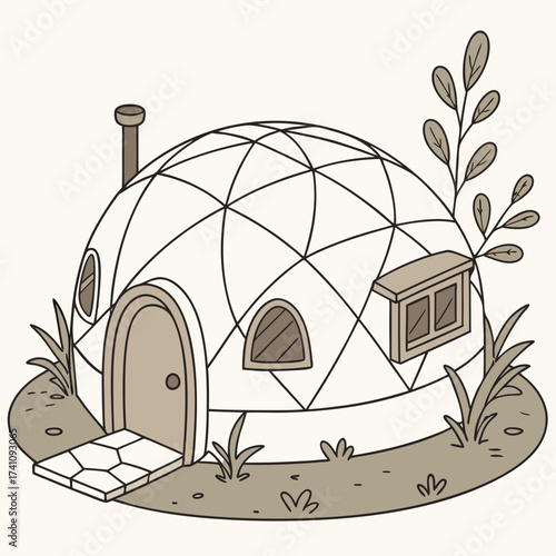 Dome shaped clay house with chimney and window dome house