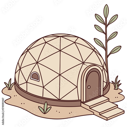 Dome shaped clay house with steps and plant dome house