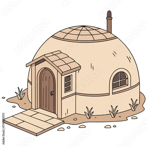 Dome shaped clay house with tiled roof and chimney