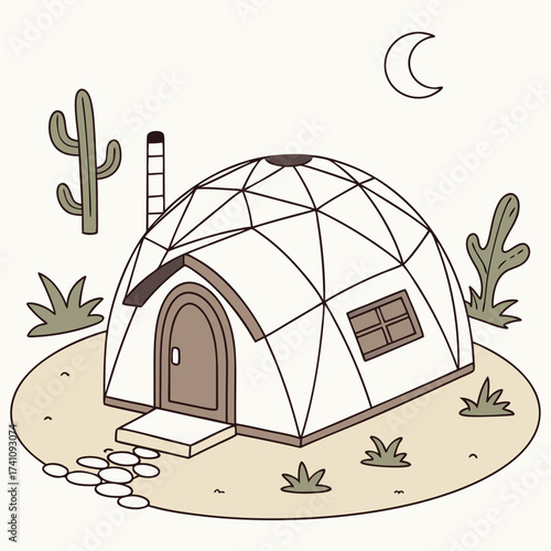 Dome shaped desert house with cacti and crescent moon