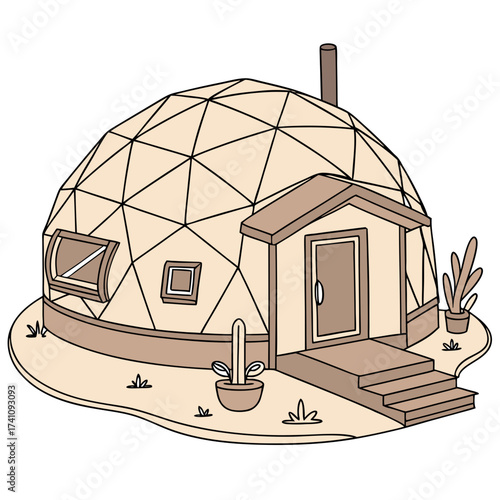 Dome shaped house with attached entrance and plants