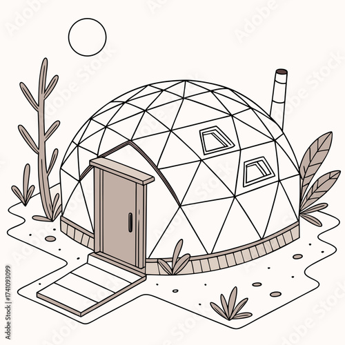 Dome shaped house with door and windows in desert landscape