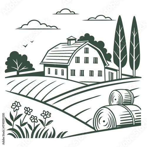 Farmhouse with Haystacks and Flowers Vector barn hay bale