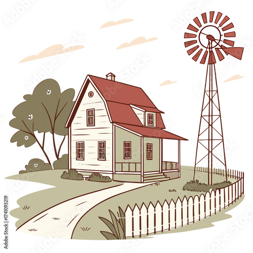 Farmhouse with windmill and picket fence vector illustration