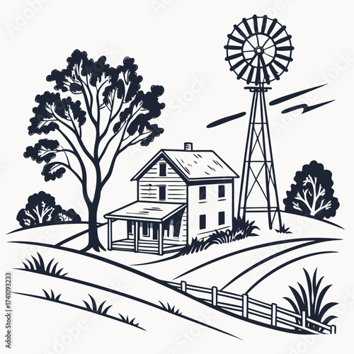 Farmhouse with windmill and tree vector illustration 1