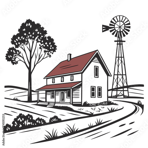 Farmhouse with windmill and tree vector illustration