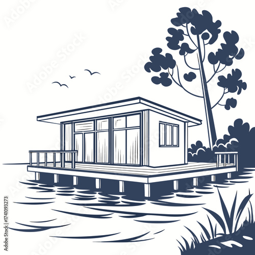 Floating house on water with pier and tree lake