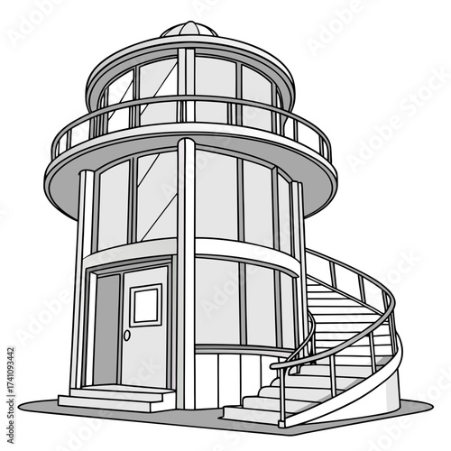 Futuristic glass spiral tower with exterior staircase