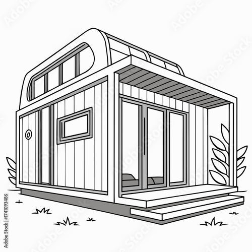 Futuristic modular pod home with glass doors and porch