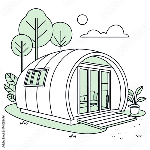 Futuristic pod home with sliding doors and window in green landscape