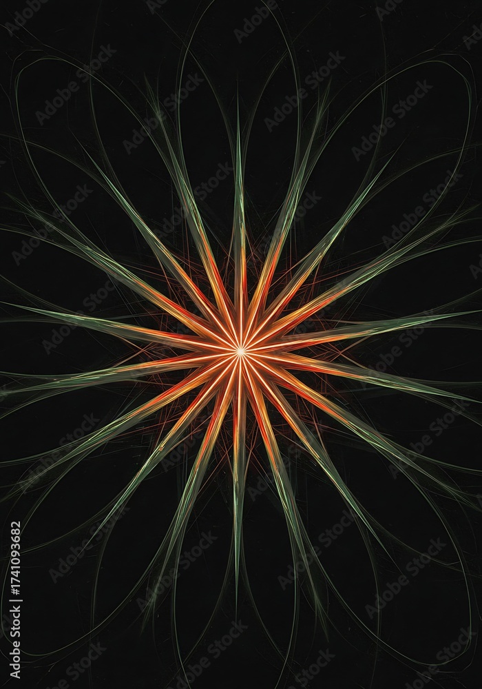 Fototapeta premium Radiant starburst pattern with orange center and flowing lines against a dark background design style