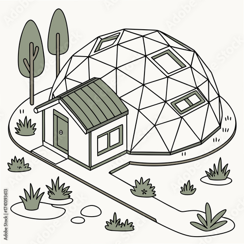 Geodesic dome eco house with attached smaller building