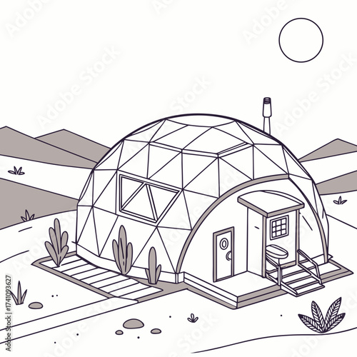 Geodesic dome house in a barren landscape vector eco friendly house