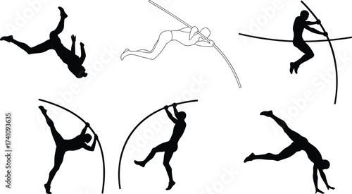 Pole vault illustration, athlete silhouette, sports motion, dynamic pose, track and field, vaulting technique, fitness training, competition, outline figure, strength