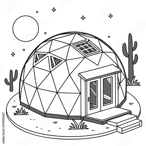 Geodesic dome house in desert with cacti and moon eco-friendly